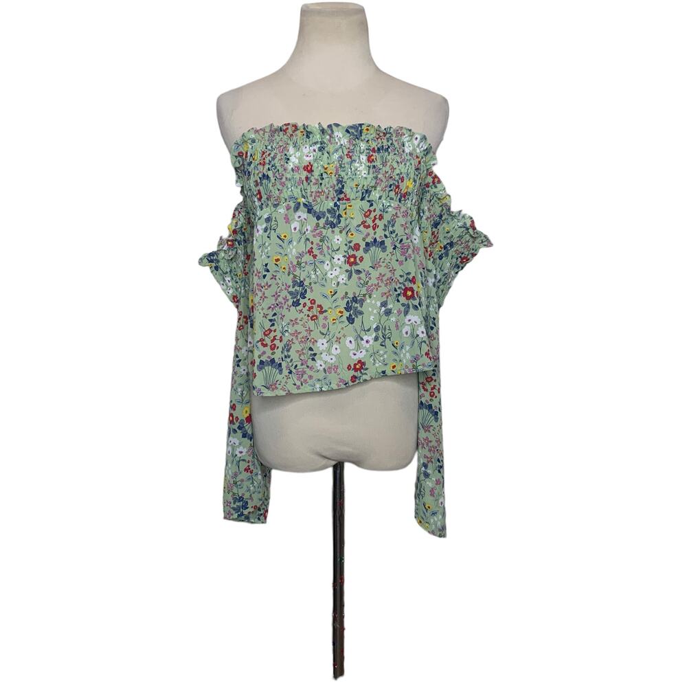 Glamorous green floral long sleeves off shoulders cropped top size Medium